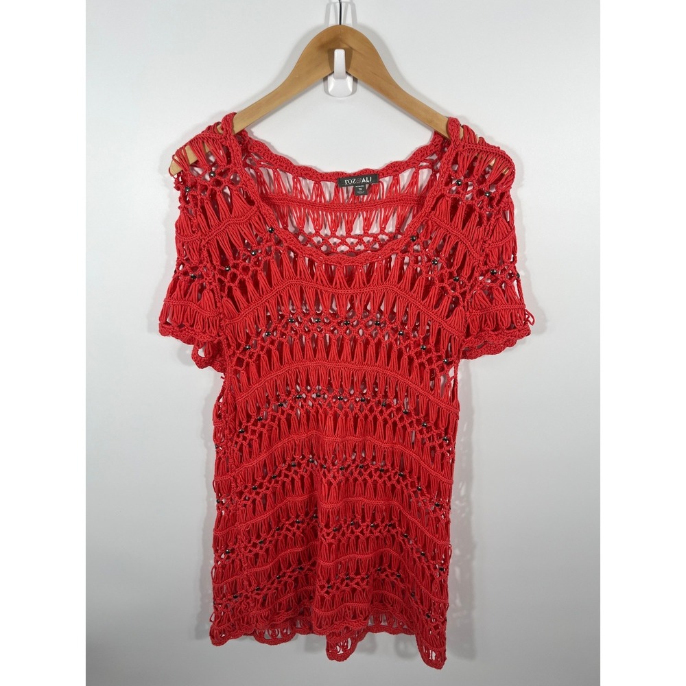 Womens Crochet Mini Dress 1X Coral Oversized Studded Boho Chic Coastal Festival
